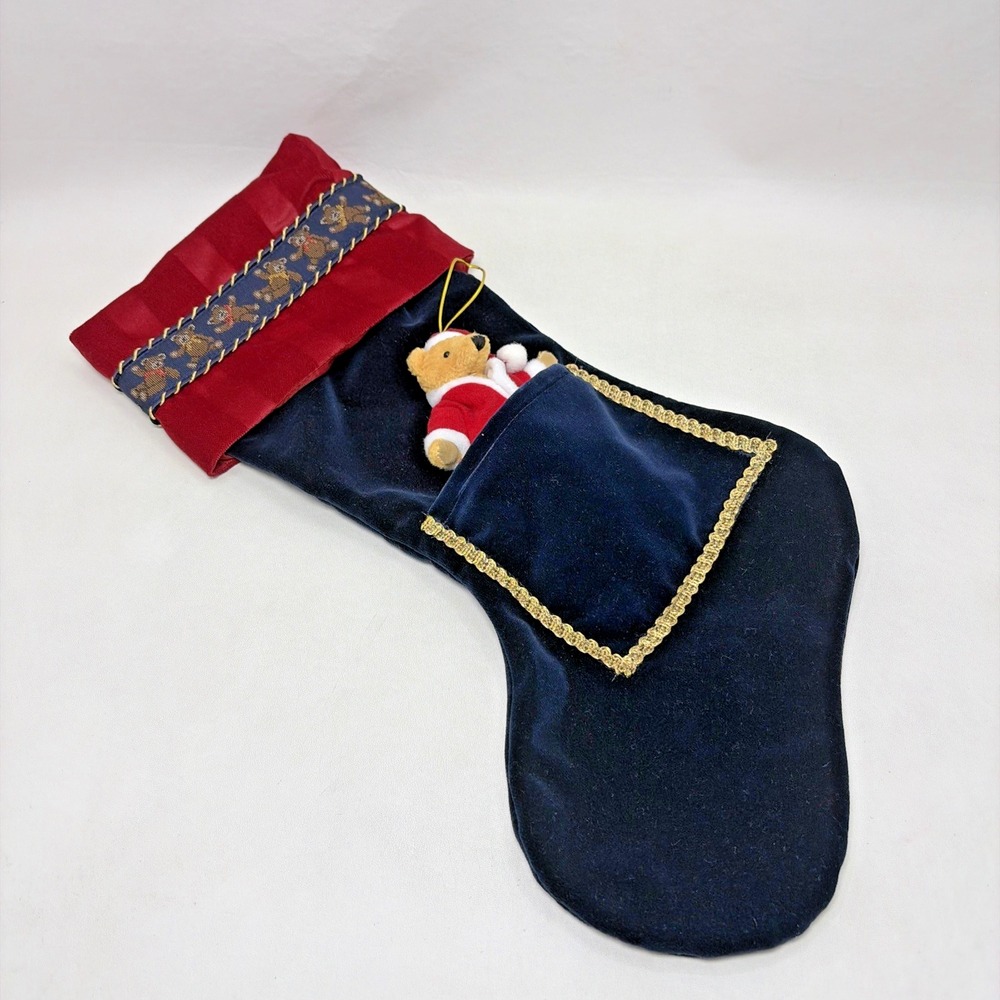Vintage Kurt Adler Christmas Stocking Blue Red Red Velvet 18" Teddy Bear Pocket